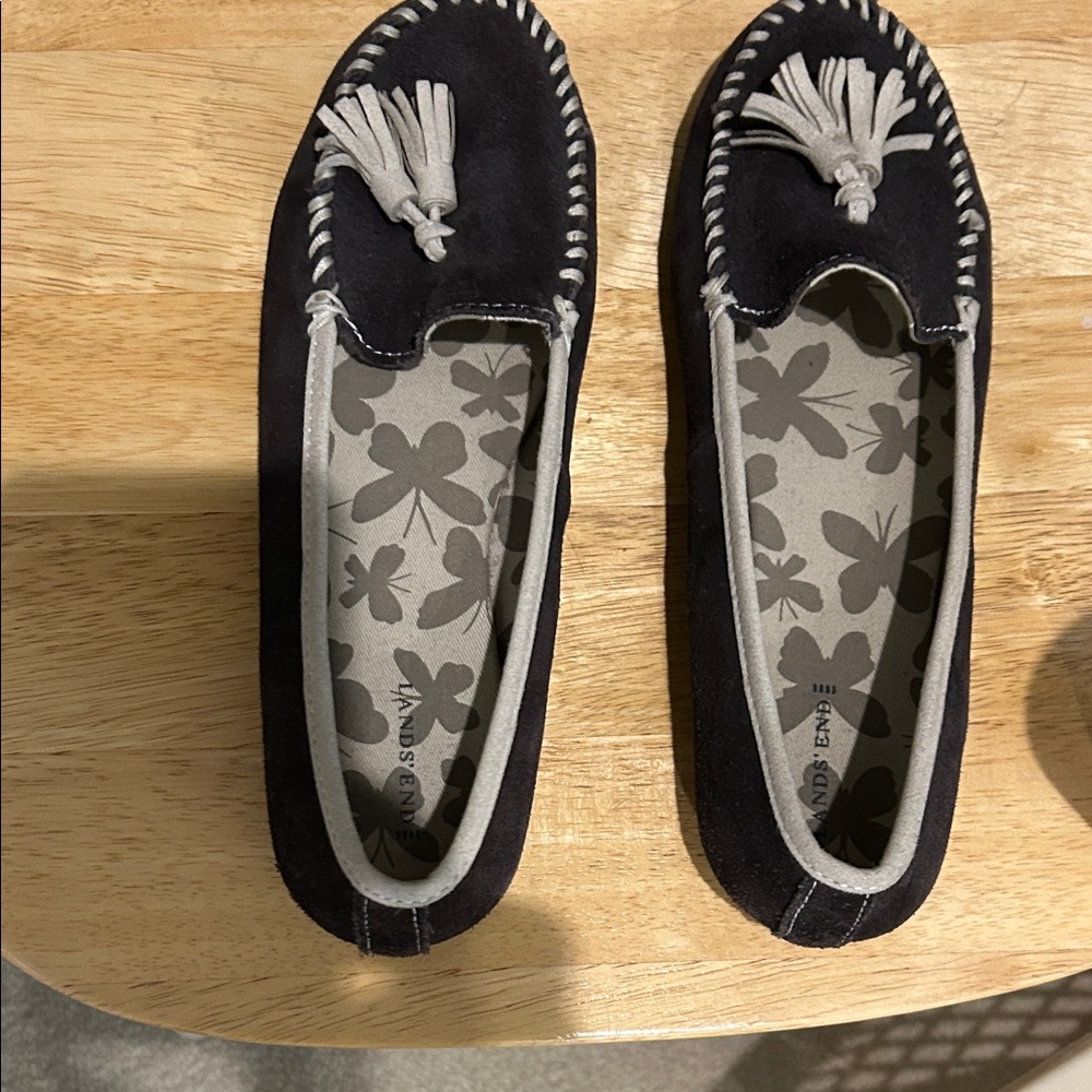 Lands' End dark brown Suede Moccasins with Tassel